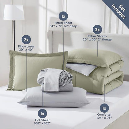 Nestl 7 Piece California King Comforter Set – Light Sage Reversible Bed in a Bag – Complete Cal King Size Bedding Set with Sheets, Pillowcases and Shams