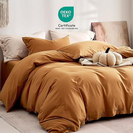JELLYMONI 100% Washed Cotton Duvet Cover King – Soft, Breathable Linen-Look Bedding with Natural Wrinkle Texture, Button Closure, 3-Piece Set (Amber Orange, 104"x90")