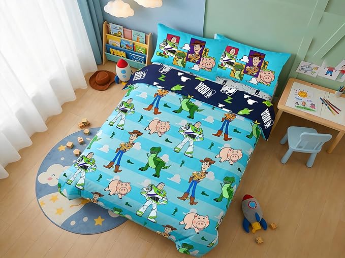 Northwest Disney Toy Story Full Size Comforter Set, 5 Piece Reversible Buzz Lightyear & Woody Design Ultra Soft Fade Resistant Microfiber Kids Bedding Set, Officially Licensed