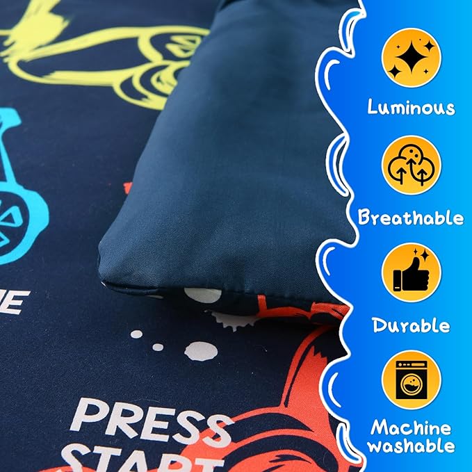 Glow in The Dark Kids Comforter Set, 7 Pieces Gamepad Pattern Bedding Set Full Size for Boys Girls Teen, 1 Comforter, 1 Pillowcase, 2 Pillow Shams