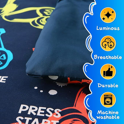 Glow in The Dark Kids Comforter Set, 7 Pieces Gamepad Pattern Bedding Set Full Size for Boys Girls Teen, 1 Comforter, 1 Pillowcase, 2 Pillow Shams