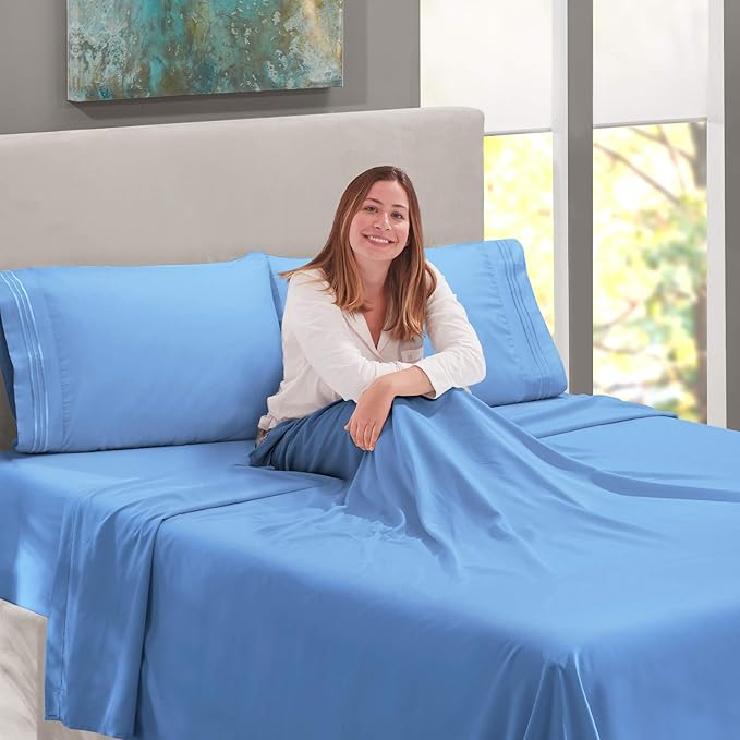 Nestl Full Sheet Set - Luxury 1800 Ultra-Soft Microfiber Full Bed Sheets - Double Brushed - Deep Pockets - Easy Fit - 4 Piece Set - Bedding Sheets & Pillowcases (Full, Calm Blue)