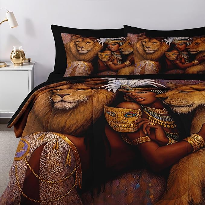 Nesker Comforter Set Twin Size, Regal Lions Queen Woman 5 Pcs Bedding for Kids and Adults, African Wildlife Brown Bed Sheet Sets with Fitted Sheet Pillowcase & Sham