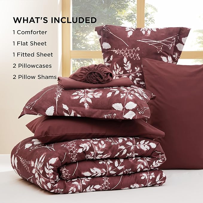 Bedsure King Size Comforter Set - 7 Pieces Floral Burgundy Soft Bedding Sets, King Bed in a Bag with Botanical Flowers Comforter, Sheets, Pillowcases & Shams