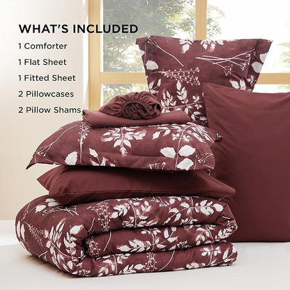Bedsure Full Size Comforter Set - 7 Pieces Floral Burgundy Soft Bedding Sets, Full Bed in a Bag with Botanical Flowers Comforter, Sheets, Pillowcases & Shams