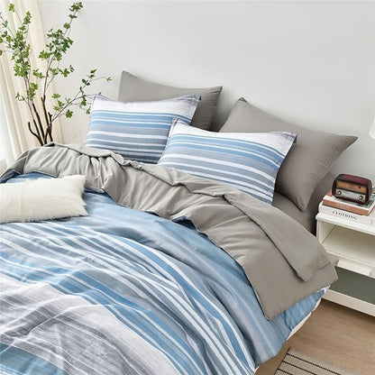 KAKIJUMN 7 Piece Bed in a Bag Stripe Comforter Set Queen Size, White Grey Blue Patchwork Striped Comforter and Sheet Set, All Season Soft Microfiber Complete Bedding Set(Light Blue,Queen)
