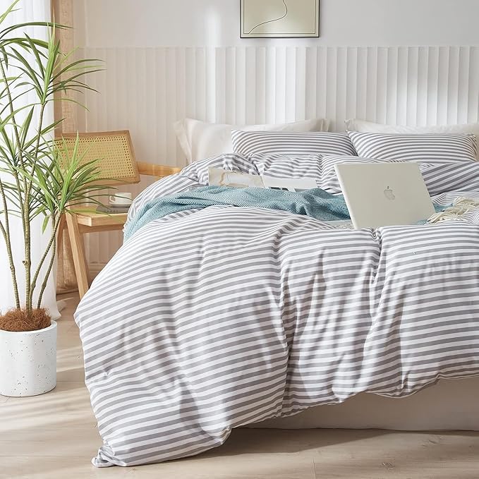 LifeTB Queen Comforter Set Grey White Stripes Comforter 3 Pieces Fluffy Soft Lightweight Bedding Comforter for All Season Down Alternative Comforter Boho Farmhouse Bedding Striped Comforter Set
