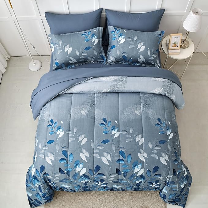 Anibedding Blue Comforter Set Queen Size 7 Piece Navy Botanical Gradient Leaves Ultra Soft Microfiber Down Alternative Bedding Set Lightweight Reversible Bed Comforter Set for All Season 90" x 90"