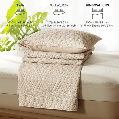 akkialla Twin Size Quilt Bedding Set,Beige Lightweight Microfiber Soft Bedspreads,Modern Style Geoetric Pattern Coverlet Set for All Seasons,2 Piece(1 Quilt,1Pillow Sham)