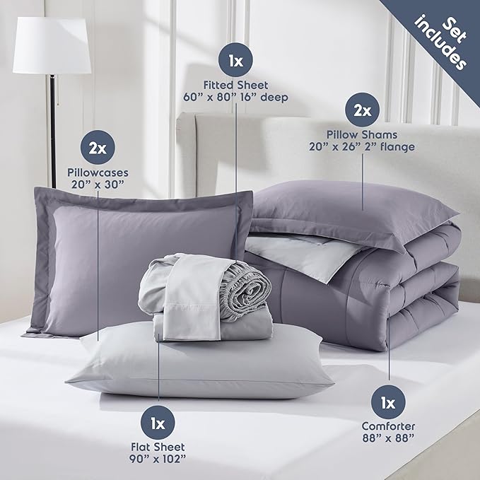 Nestl 7 Piece Queen Comforter Set – Grayish Purple Reversible Bed in a Bag – Complete Queen Size Bedding Set with Sheets, Pillowcases and Shams
