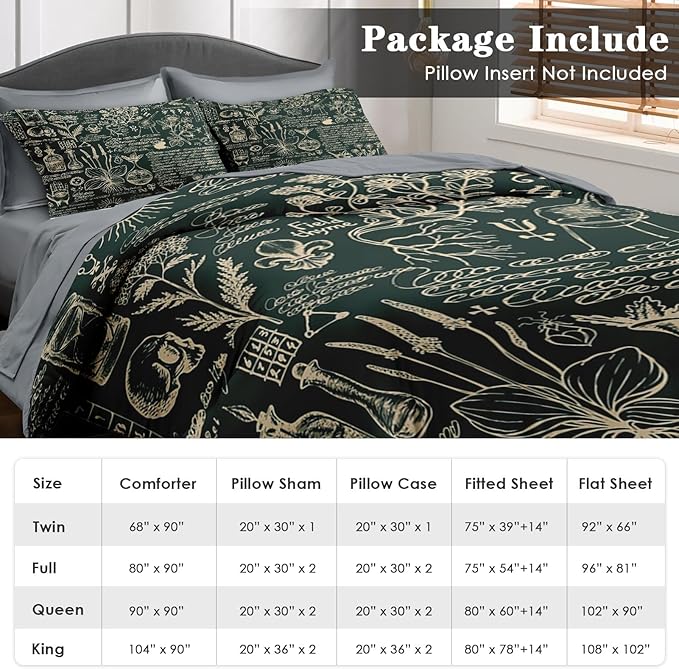 Comforter Set Queen Size, Retro Herbs 7 Pcs Bedding for Kids and Adults, Flower Vintage Leaf Bed Sheet Sets with Fitted Sheet 2 Pillowcases & 2 Shams for Bedroom Bed Decor