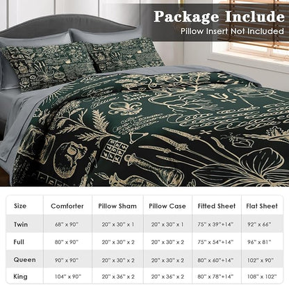 Comforter Set Queen Size, Retro Herbs 7 Pcs Bedding for Kids and Adults, Flower Vintage Leaf Bed Sheet Sets with Fitted Sheet 2 Pillowcases & 2 Shams for Bedroom Bed Decor