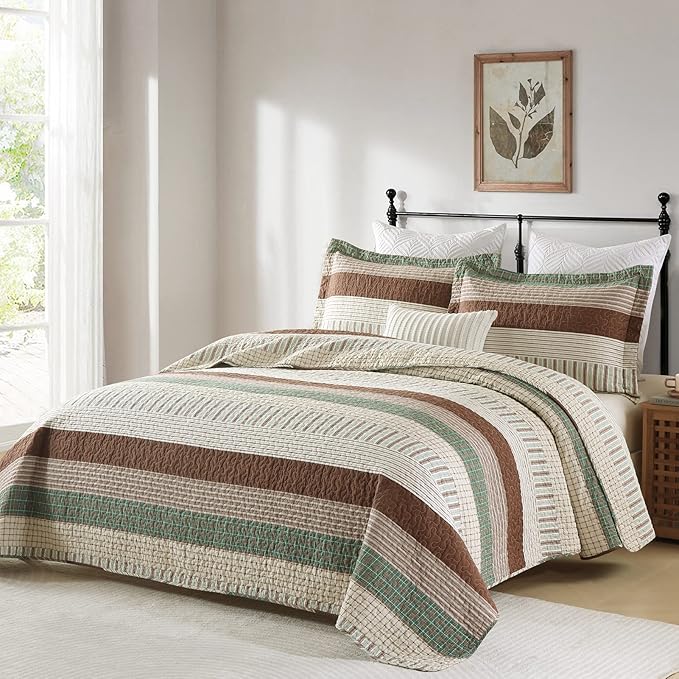 PANGUSHAN 100% Cotton Quilt Set King Size, Patchwork King Quilt Bedding Set Bedspreads, Farmhouse Lightweight Comforter Reversible Quilt, Green/Brown/Beige Bed Spread for All Season, 3 Pieces