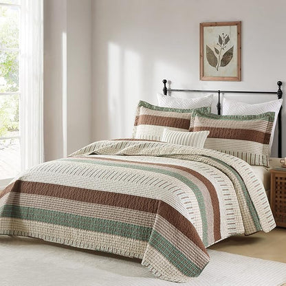 PANGUSHAN 100% Cotton Quilt Set Queen Size, Patchwork Queen Quilt Bedding Set Bedspreads, Farmhouse Lightweight Comforter Reversible Quilt, Green/Brown/Beige Bed Spread for All Season, 3 Pieces