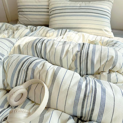 EAVD Vintage Blue Grey and White Striped Duvet Cover Queen Soft 100% Cotton Chic Stripes Bedding Set with 2 Pillowcases Retro Geometric Duvet Cover with Zipper Closure Corner Ties