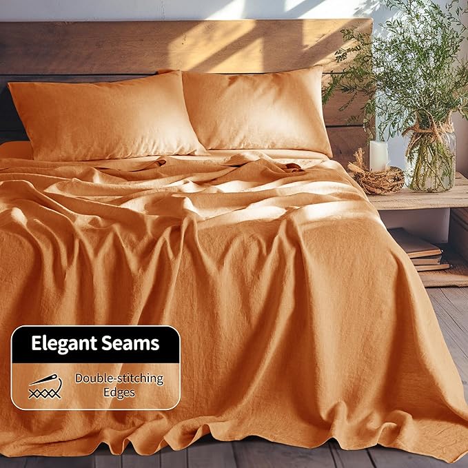 LBRO2M 100% Pure Linen Sheet Set Deep Pocket Up to 16" Bed Sheets Sets, Natural Flax Beddings Soft, Breathable, Comfortable for All Seasons 4 Pcs Sheet Set King Size, Orange