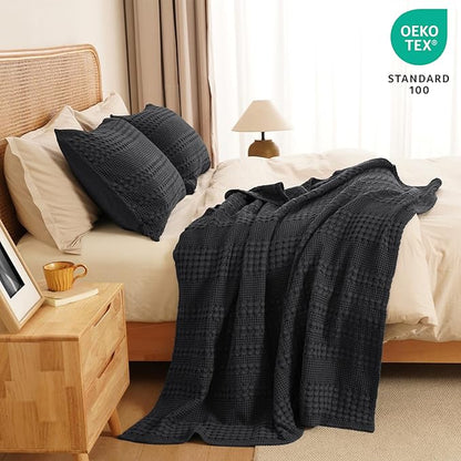 PHF 100% Cotton Waffle Weave Throw Blanket, Soft Lightweight Breathable Cozy Throws for Couch Bed Sofa, Luxury Aesthetic Blanket Gift for Home Decor & Office, 50"x60", Black