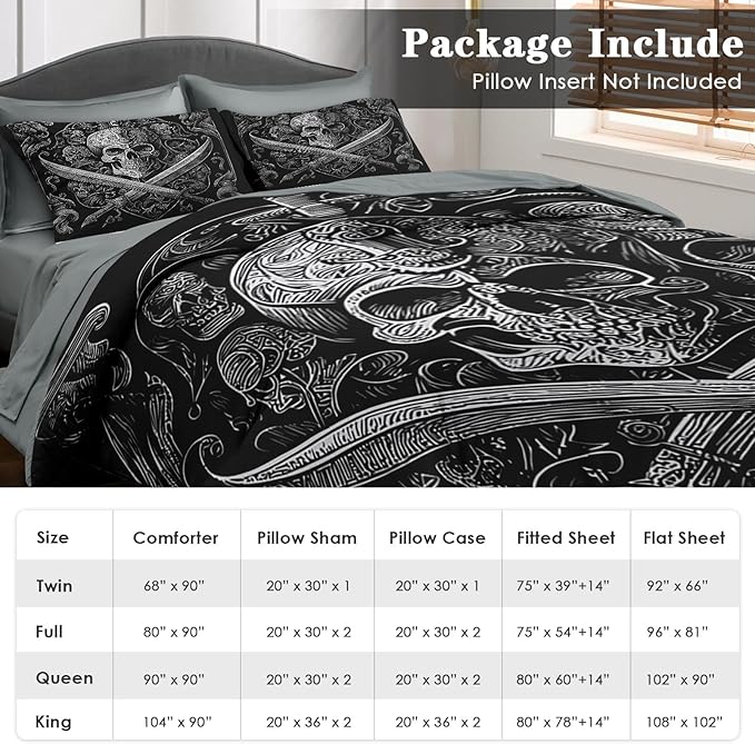 Comforter Set Full Size, Gothic World 7 Pcs Bedding for Adults, Vintage Retro Skeleton Bed Sheet Sets with Fitted Sheet 2 Pillowcases & 2 Shams for Bedroom Bed Decor