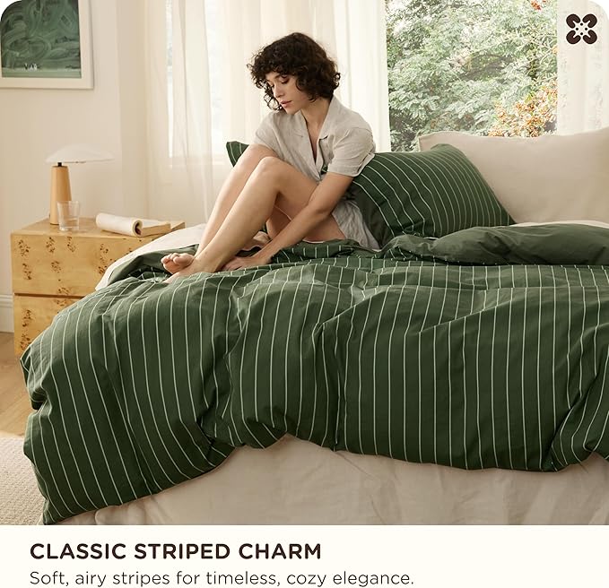 Bedsure Striped Duvet Cover Queen Size, 100% Washed Cotton PureWoven Duvet Cover Linen Like Textured, Classic Striped Pattern Enhances Bedroom Comfort and Style, Stripes Olive Green, 90"x90"