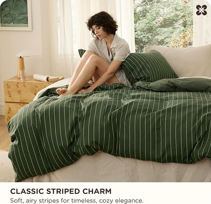 Bedsure Striped Duvet Cover Queen Size, 100% Washed Cotton PureWoven Duvet Cover Linen Like Textured, Classic Striped Pattern Enhances Bedroom Comfort and Style, Stripes Olive Green, 90"x90"