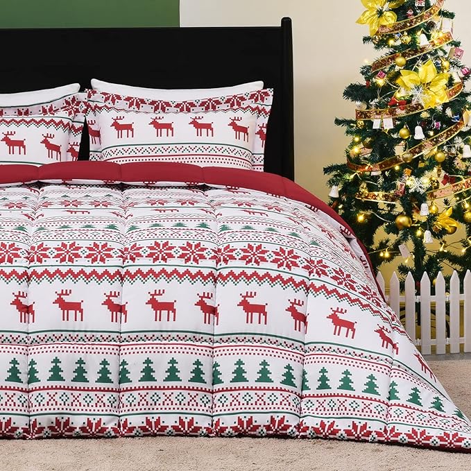 downluxe Christmas Comforter Set Queen with 2 Pillow Shams - Christmas Decoration Comforter Set with Reindeer and Snowflake Patterns - Bed Comforter Queen Set(3-Piece Set)