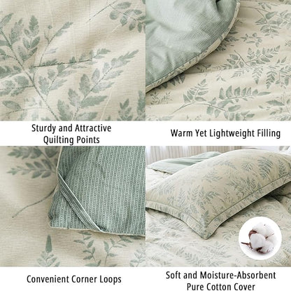 Botanical Cotton Comforter Queen Size - Dusty Green Comforter Printed with Luxurious Greyish-Green Ferns on Beige,Reversible Lightweight Bedding Sets 3Pcs(90"×90")