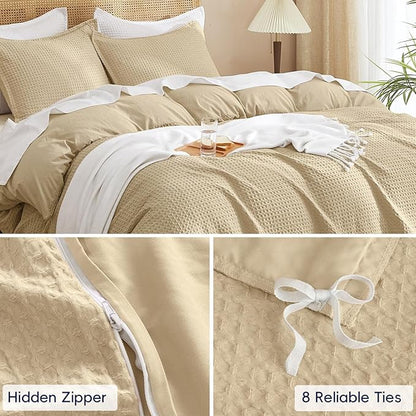 PHF Waffle Weave Duvet Cover Set King Size, No Snagging Ultra Soft Luxury Textured Breathable Comforter Cover for All Season 3pcs, Durable Bedding Duvet Set with 2 Pillow Shams, 104"x90", Khaki