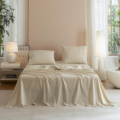 JIYUAN Full Size Sheet Set, 4-Piece - 100% Washed Cotton, Linen-Like Soft & Breathable, Includes Deep Pocket Fitted & Flat Sheet with 2 Pillowcases, Hotel Quality, Heathered Beige