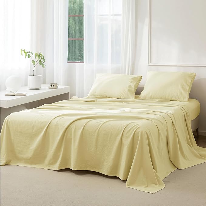 JIYUAN Twin Size Sheet Set, 3-Piece - 100% Washed Cotton, Linen-Like Soft & Breathable, Includes Deep Pocket Fitted & Flat Sheet with 1 Pillowcases, Hotel Quality, Solid Light Yellow