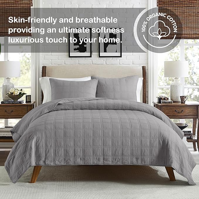 HORIMOTE HOME 100% Cotton Quilt Set Twin Size, Grey Pre-Washed Bedspreads Coverlet Set in Geometric Pattern, Cozy Lightweight Stitching Decorative Bedding Cover with 1 Sham for All Season