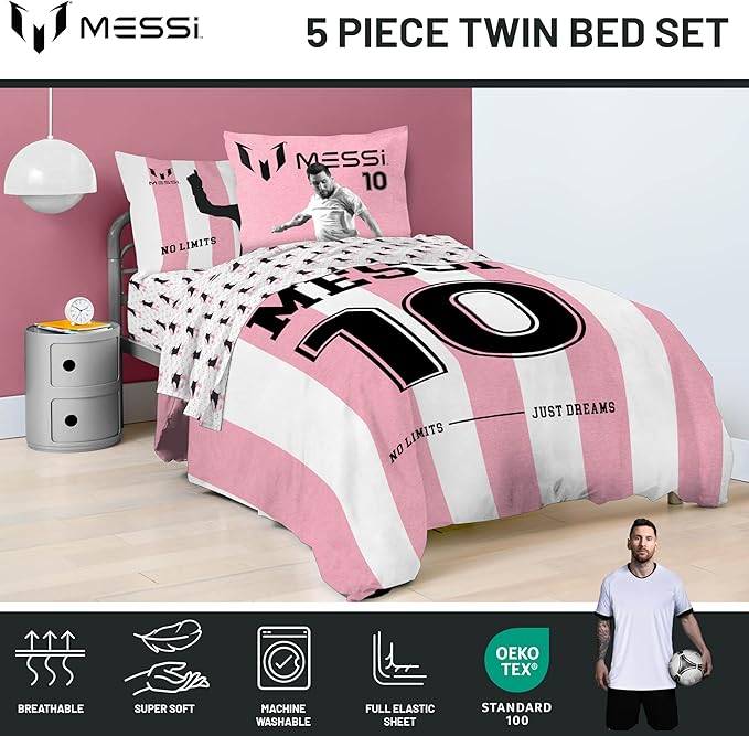 Jay Franco Kids Comforter Set Includes Sheets and Pillow Covers - Soft and Cozy Bed Set for Stylish Room Decor, Official Licensed Bedding, Pink - Messi, 5 Piece Twin
