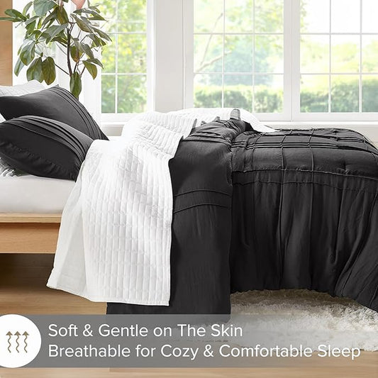 Comfort Spaces Black King Size Comforter Set - 3-Piece Pintuck Pleated Bedding Set, All Season Lightweight, Extra Soft Pre-Washed Microfiber, Shams
