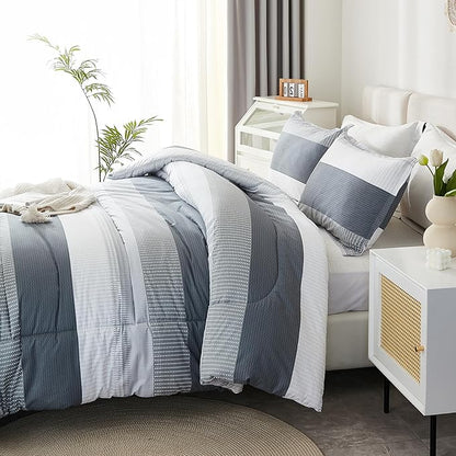 Litanika Queen Comforter Set Light Grey - 3 Pieces Lightweight Gray White Colorblock Stripe Fluffy Bedding Comforter Sets, All Season Bed Set
