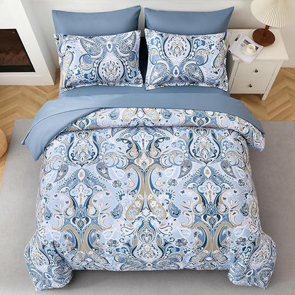 Drucon Blue Paisley Comforter Set King, 7 Pieces Bed in a Bag Boho Comforter Soft Microfiber Blue Paisley Bedding(1 Comforter, 1 Flat Sheet, 1 Fitted Sheet, 2 Pillow Shams, 2 Pillowcases)