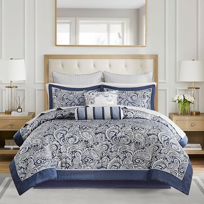 Madison Park Aubrey Cozy Comforter Set, Faux Silk Jacquard Paisley Design - All Season Down Alternative Bedding with Cotton Bed Sheets, Bed Skirt & Toss Pillows, King Navy 12 Piece