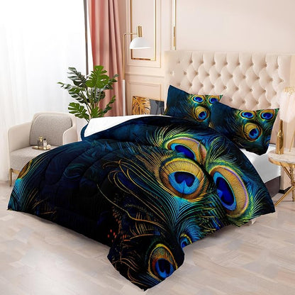 Peacock Feather Queen Bedding Set - Boho Comforter for Girls, Bohemian Gothic Decor, Western Hippie Animal Print Black