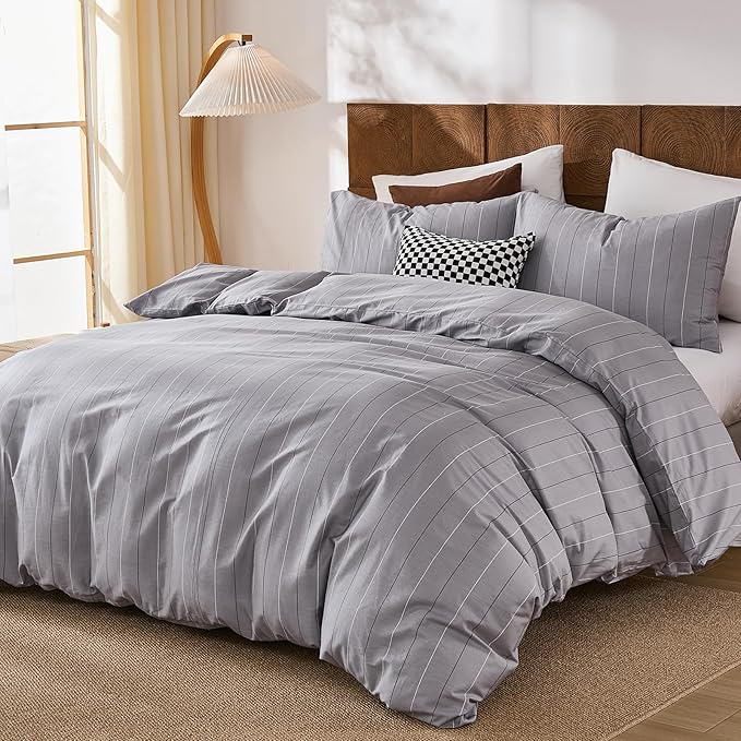 Merryword 100% Cotton Stripe Duvet Cover Set Queen Size - Gray Striped Duvet Cover Set with Zipper Closure & 8 Corner Ties, Modern Minimalist Wide Stripe Bedding Set for Cozy Elegant Bedroom