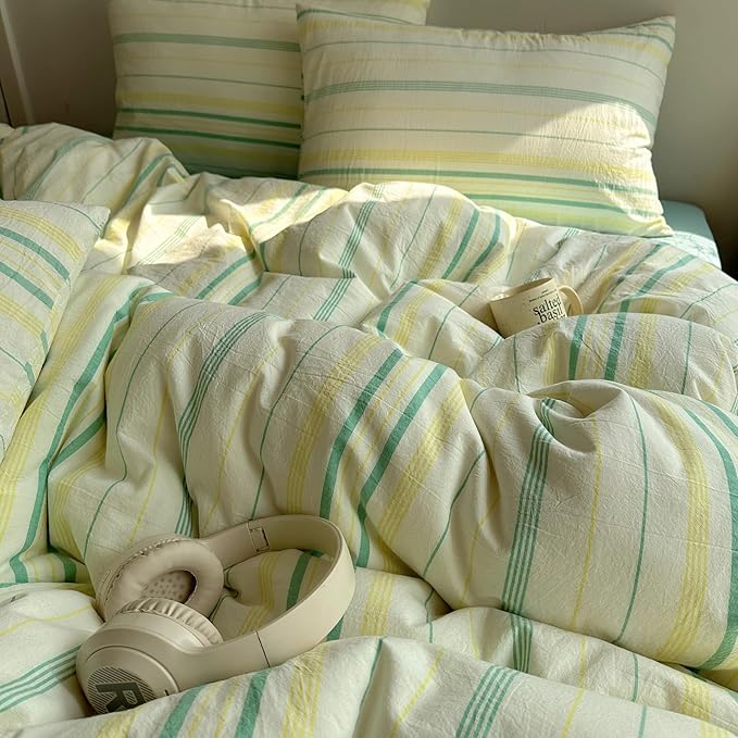 EAVD Vintage Striped Comforter Set Queen Soft Cotton 3-Piece Boho Bedding Set with 2 Pillowcases Retro Yellow-Green Vertical Stripes Geometric Comforter Set for All-Season