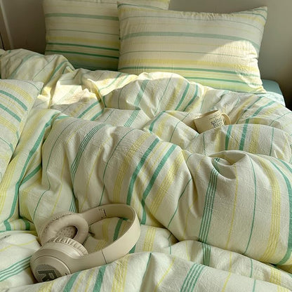 EAVD Vintage Striped Comforter Set King Soft Cotton 3-Piece Boho Bedding Set with 2 Pillowcases Retro Yellow-Green Vertical Stripes Geometric Comforter Set for All-Season