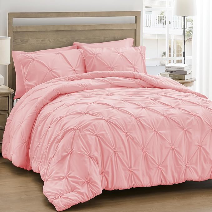 UNIKOME King Size Comforter Set Pink - Ultra Soft Boho Pintuck Down Alternative Bedding Set for All Seasons, 3 Pieces Lightweight Warm Pinch Pleat Bed Set with Comforter, 2 Pillowcases