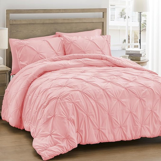 UNIKOME King Size Comforter Set Pink - Ultra Soft Boho Pintuck Down Alternative Bedding Set for All Seasons, 3 Pieces Lightweight Warm Pinch Pleat Bed Set with Comforter, 2 Pillowcases