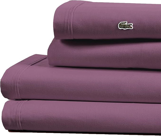 Lacoste 100% Cotton Percale 3-Piece Sheet Set – Cool, Crisp, Matte, and Durable, Oeko-Tex Certified – Solid, Plum, Twin