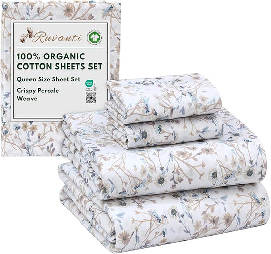 RUVANTI 100% Organic Cotton Sheets Queen Size, Percale Weave, GOTS Certified, 4-Piece Set, Deep Pocket 15", Crisp & Breathable, Soft Durable Bedding, Sábanas Algodón Orgánico – Tranquil