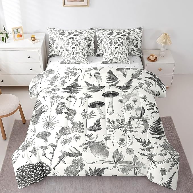 Castle Fairy Retro Jungle Mushroom Comforter Set Bed in a Bag 7 Pieces Twin,Wild Leaves Flowers Bedding Set,Rustic Botanical Plants (Comforter+Fitted+Flat Sheet+2 Pillowcases+2 Throw Pillow Covers)