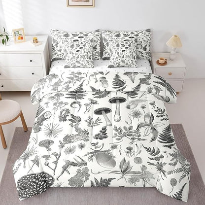Castle Fairy Retro Jungle Mushroom Comforter Set Bed in a Bag 7 Pieces King,Wild Leaves Flowers Bedding Set,Rustic Botanical Plants (Comforter+Fitted+Flat Sheet+2 Pillowcases+2 Throw Pillow Covers)