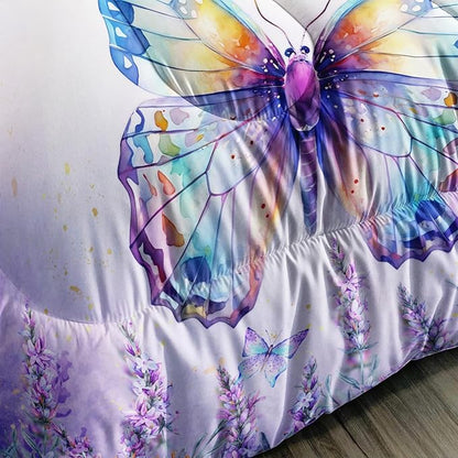 Lavender Comforter Set Twin Size,Violet Flower Butterfly 3 Piece Bedding Set Lightweight Down Alternative Spring Violet Bed Comforter and 2 Pillowcases for All Seasons