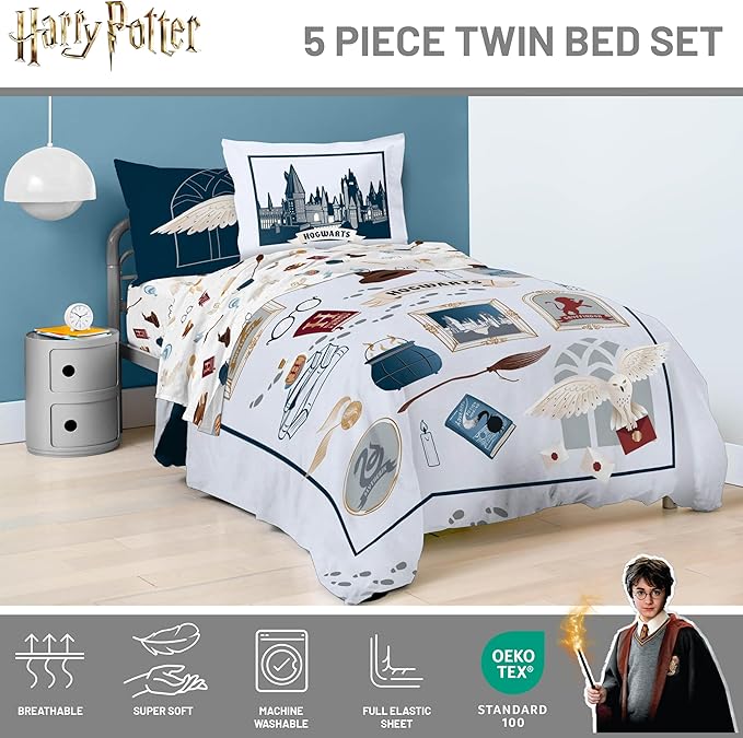 Jay Franco Kids Comforter Set Includes Sheets and Pillow Covers - Soft and Cozy Bed Set for Stylish Room Decor, Dark Grey - Harry Potter, 5 Piece Twin Size Bedding