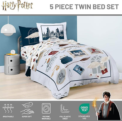 Jay Franco Kids Comforter Set Includes Sheets and Pillow Covers - Soft and Cozy Bed Set for Stylish Room Decor, Dark Grey - Harry Potter, 5 Piece Twin Size Bedding