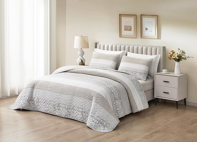 Chezmoi Collection Robyn 3-Piece Neutral Taupe Gray White Floral Hibiscus Flower Patchwork Striped Quilt Set - Pre-Washed Cotton Coverlet - Lightweight Reversible Bedspread, Queen Size