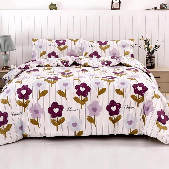 SDIII Purple Floral Comforter Set Full 3 Pieces, Soft Microfiber Lightweight Vintage Floral Comforter Full, Vintage Bedding Set for All Season